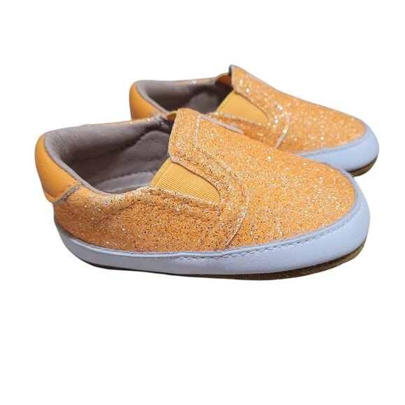 A Bear Co Toddler Size 3 IMPERFECT Orange Smooth Glitter Slides Flats - Picture 3 of 11